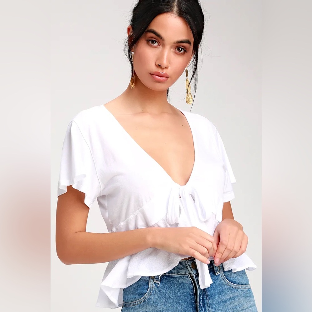 We the Free Knot Me White V-Neck Ruffle Tie Front SS Top L Airy Beach Vacay